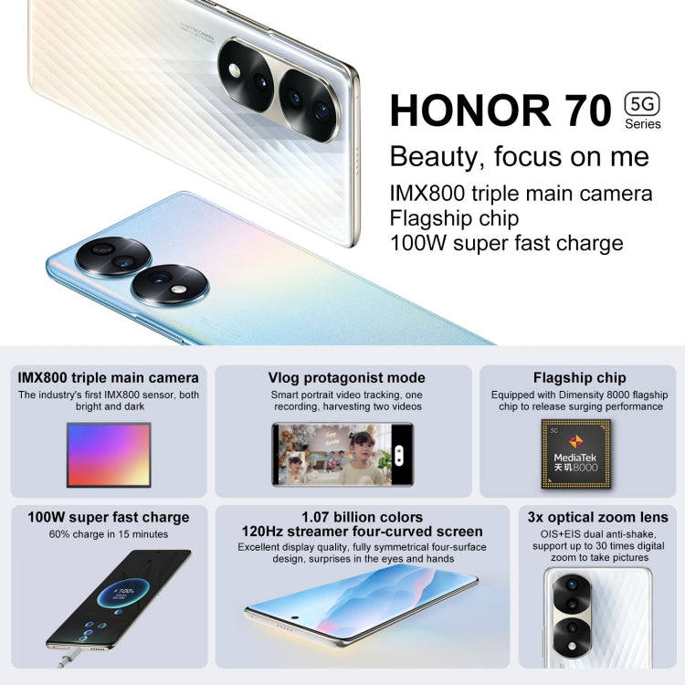 Triple Back Cameras, Screen Fingerprint Identification, 6.78 inch Magic UI 6.1 Dimensity 8000 Octa Core up to 2.75GHz, Network: 5G, OTG, NFC, Not Support Google Play, Honor 70 Pro 5G 12GB+256GB, Honor 70 Pro 12GB+256GB Triple Back Cameras, Screen Fingerprint Identification, 6.78 inch Magic UI 6.1 Dimensity 8000 Octa Core up to 2.75GHz, Network: 5G, OTG, NFC, Not Support Google Play, Honor 70 Pro 5G 12GB+256GB, Honor 70 Pro 12GB+256GB